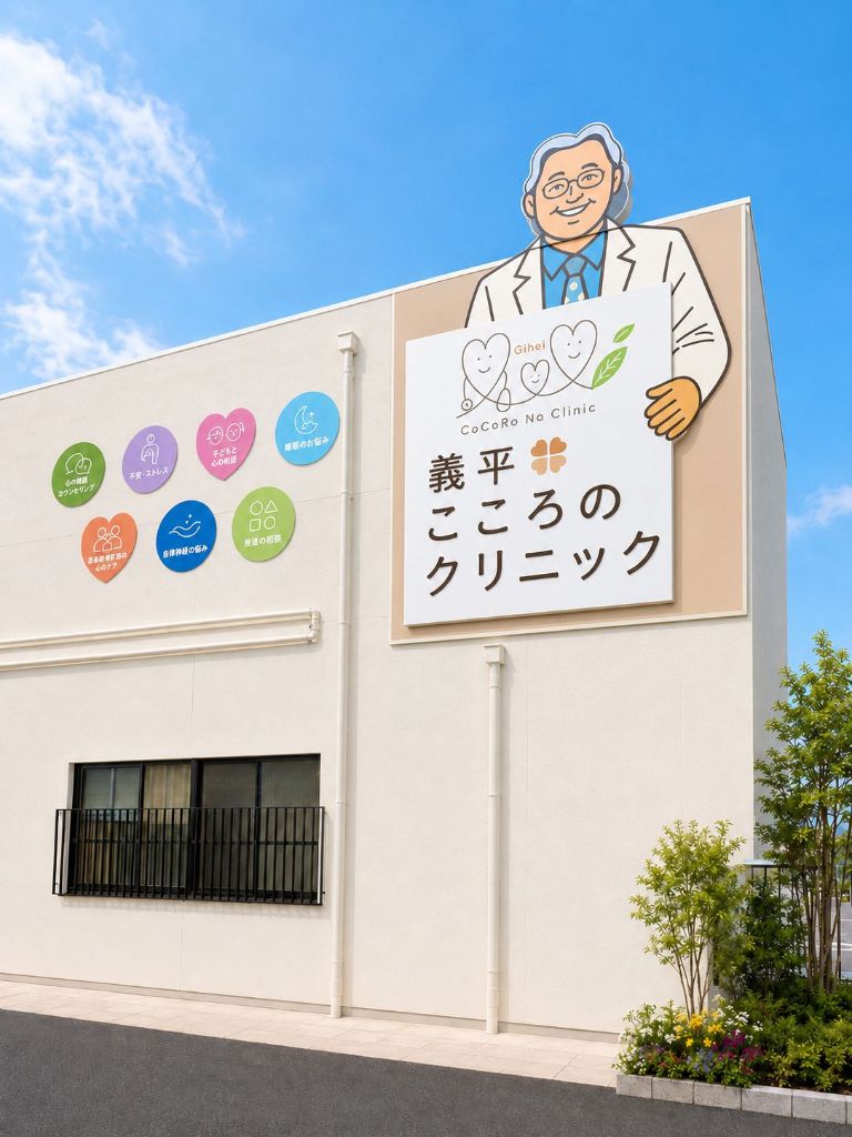 義平こころのクリニック 外観 — 建物外壁に大きくロゴと院長イラストが描かれたクリニックの外観