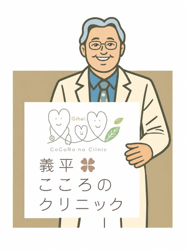 義平こころのクリニック院長 守田義平 — クリニックのロゴを持つイラスト